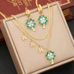 Fashionable green color clover charm stainless steel necklace set