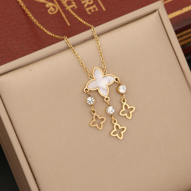 Classic mother shell clover stainless steel necklace set