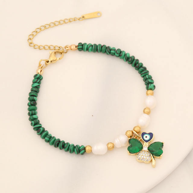 Creative cubic zircon copper clover charm bead necklace set