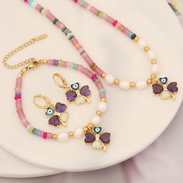 Creative cubic zircon copper clover charm bead necklace set