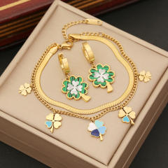 Fashionable green color clover charm stainless steel necklace set