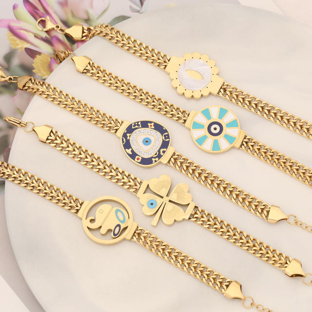 Personality elephant clover evil eye stainless steel chain bracelet