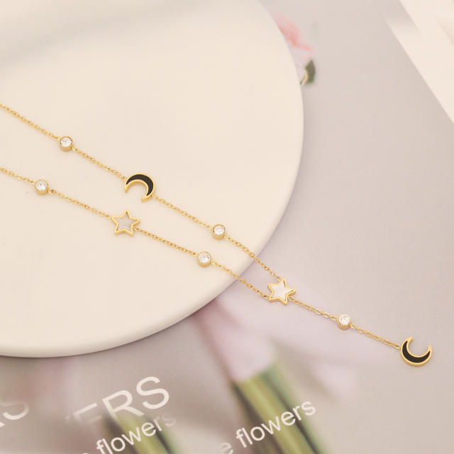 Delicate color enamel heart moon star dainty stainless steel lariat necklace
