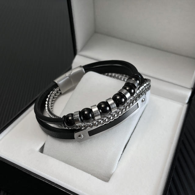 Personality stainless steel PU leather men bracelet