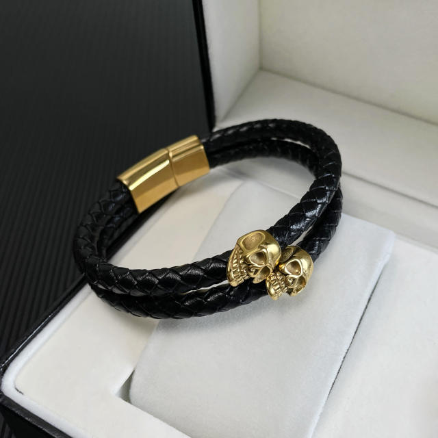 Hiphop stainless steel skull head PU leather men bracelet