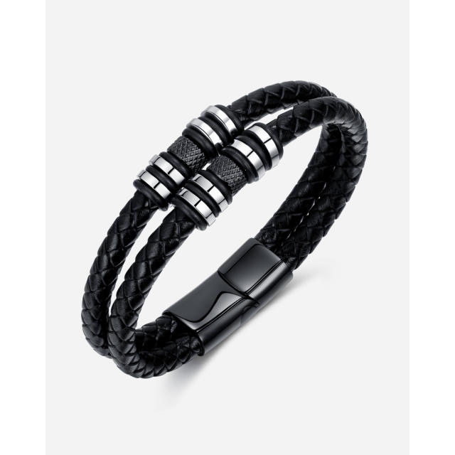 Hiphop black color braid pu leather bracelet for men