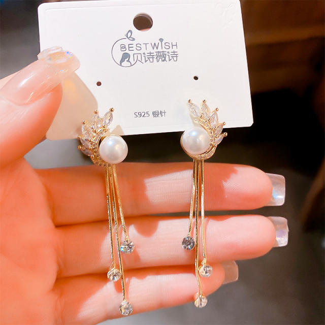 925 needle personality pearl diamond tassel earrings