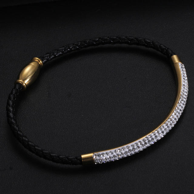 Popular diamond stainless steel black PU leather braid bracelet