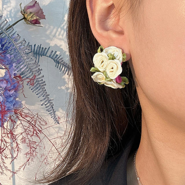 Boho colorful fabric flower open hoop earrings
