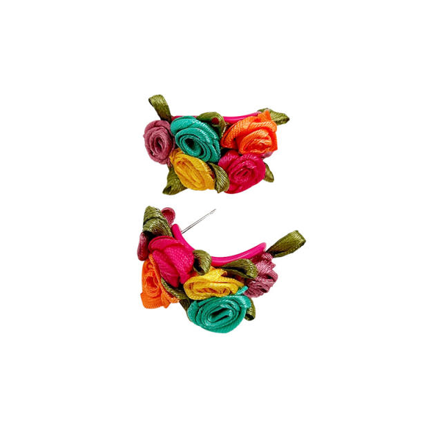 Boho colorful fabric flower open hoop earrings