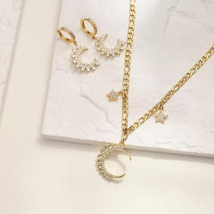 Elegant cubic zircon diamond moon stainless steel figaro chain necklace set