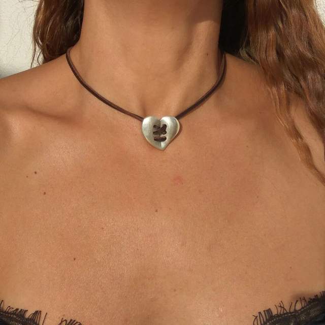 Boho wax rope silver heart choker necklace