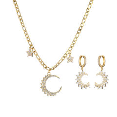 Elegant cubic zircon diamond moon stainless steel figaro chain necklace set