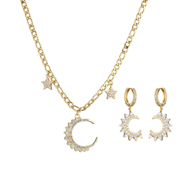 Elegant cubic zircon diamond moon stainless steel figaro chain necklace set