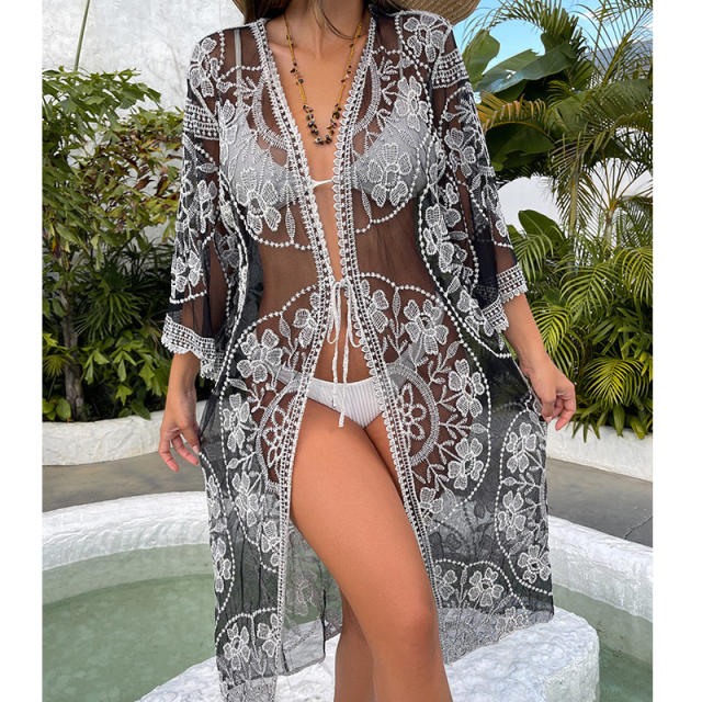 Summer design sexy black lace swimsuit cover up cardigan