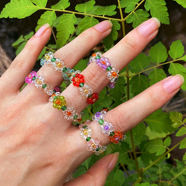 Creative summer color Y2K clear bead flower elastic rings