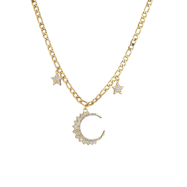 Elegant cubic zircon diamond moon stainless steel figaro chain necklace set