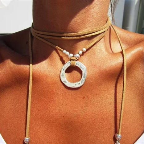 Boho silver color metal circle layer choker necklace