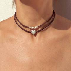 Boho two layer velvet heart bead choker