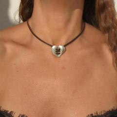Boho wax rope silver heart choker necklace