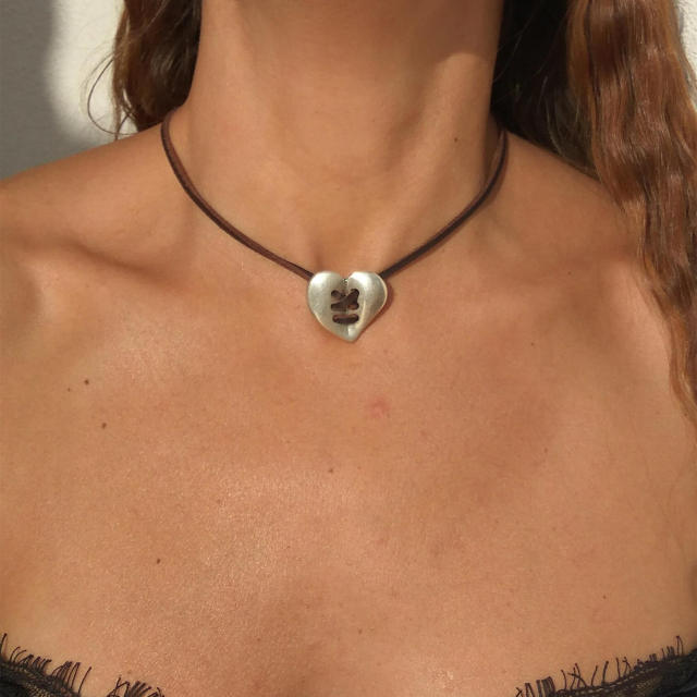 Boho wax rope silver heart choker necklace