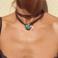Boho brown color PU leather layer choker necklace