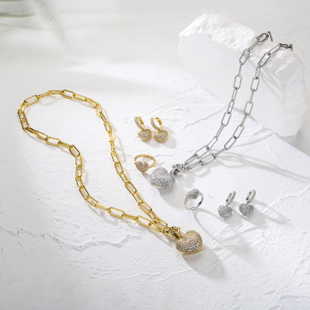 Delicate pave setting cubic zircon diamond heart copper necklace set