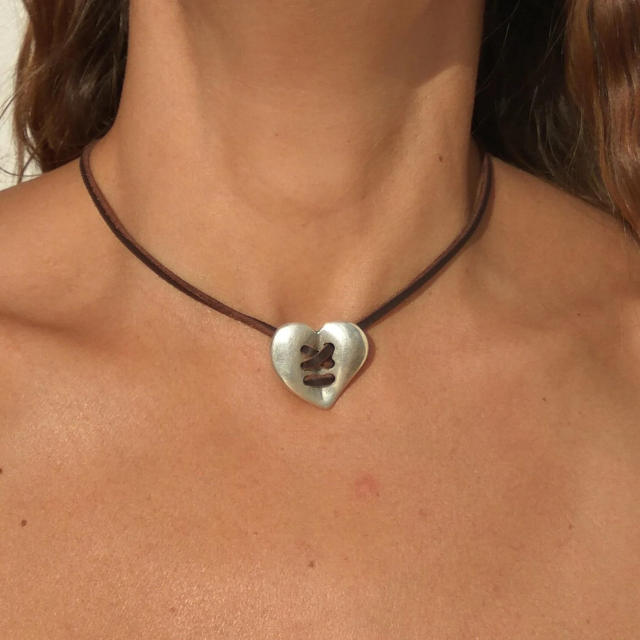 Boho wax rope silver heart choker necklace