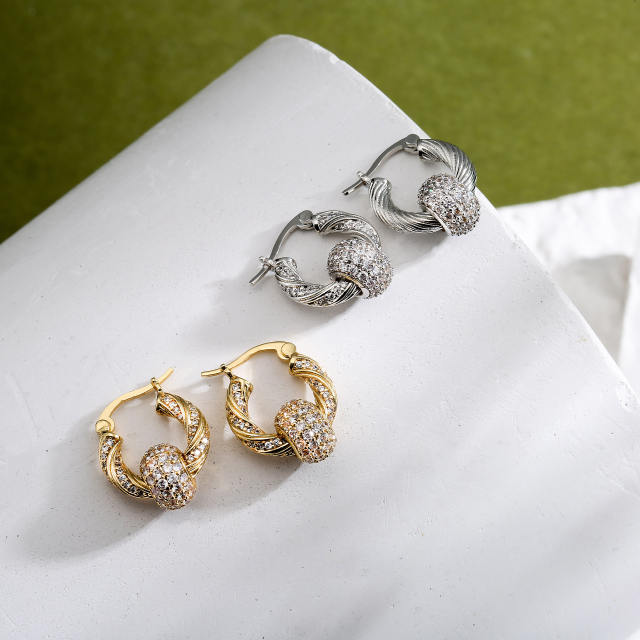 Delicate pave setting cubic zircon ball copper huggie earrings