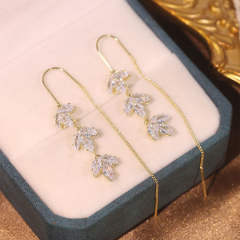 Elegant cubic zircon leaf threader earrings