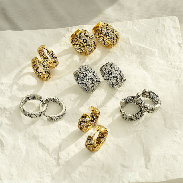 Luxury leopard grain pave setting cubic zircon copper huggie earrings
