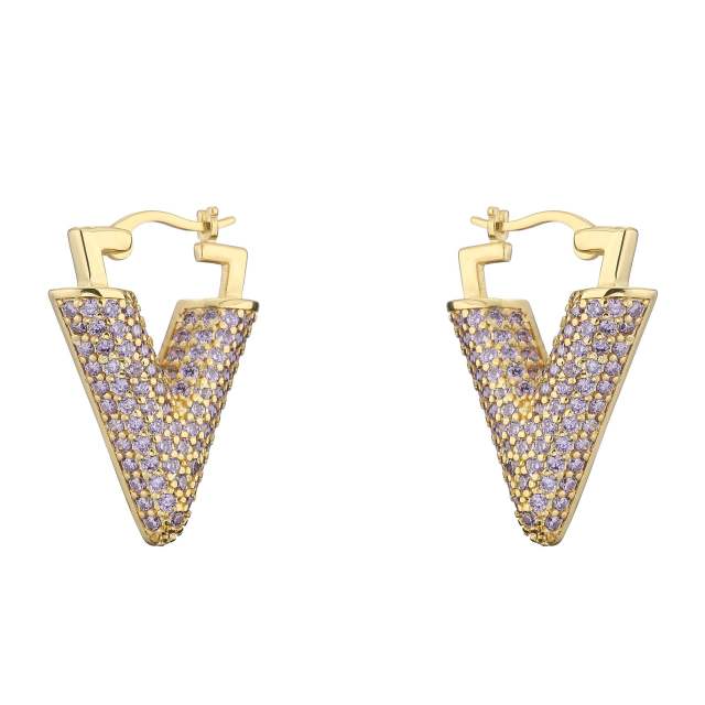 Luxury pave setting cubic zircon colorful V shape earrings