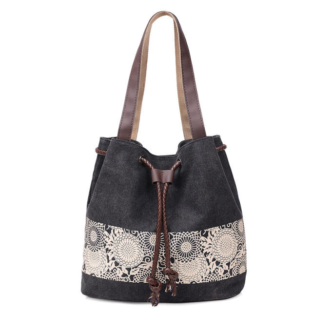 Vintage canvas material white lace tote bag