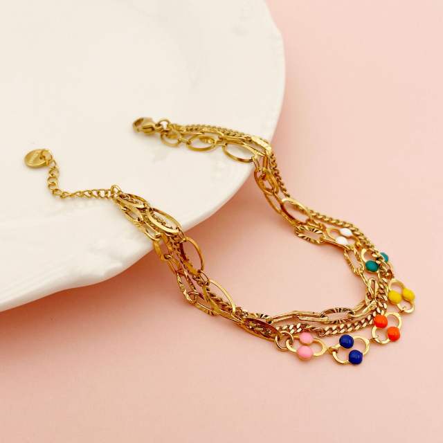14K colorful bead three layer stainless steel chain bracelet