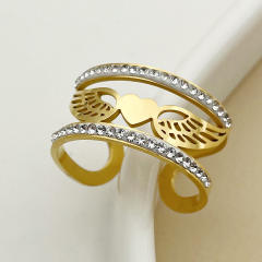 14K delicate angel wing wide hollow stainless steel rings
