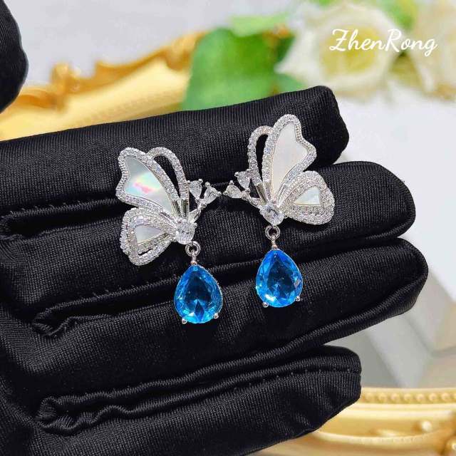 Delicate white mother shell blue drop cubic zircon butterfly necklace set