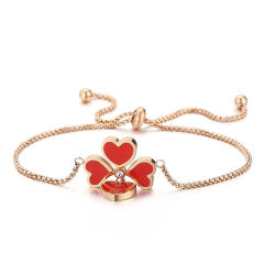 Delicate red enamel clover heart stainless steel slide bracelet