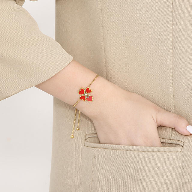 Delicate red enamel clover heart stainless steel slide bracelet