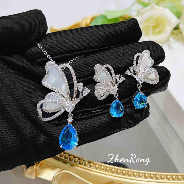 Delicate white mother shell blue drop cubic zircon butterfly necklace set