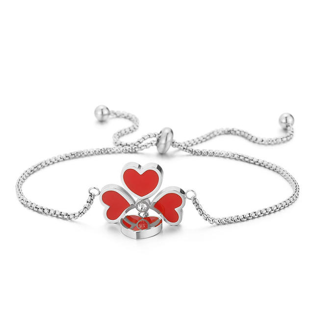 Delicate red enamel clover heart stainless steel slide bracelet