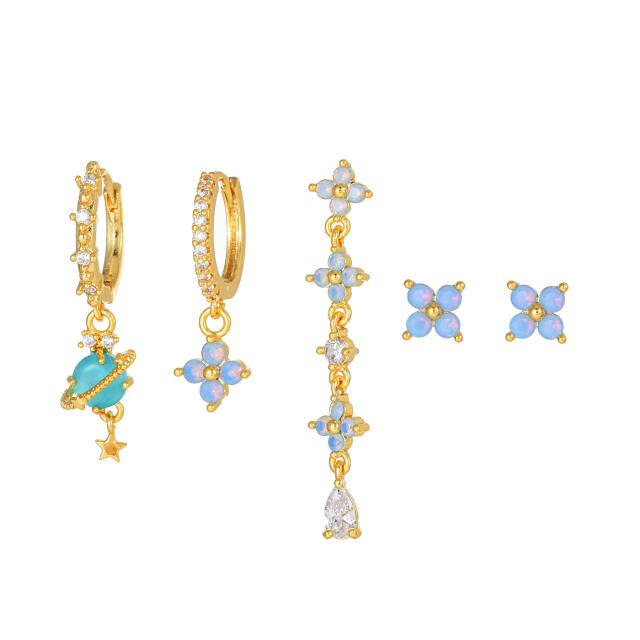 5pcs blue color stone gold plated copper huggie earring set