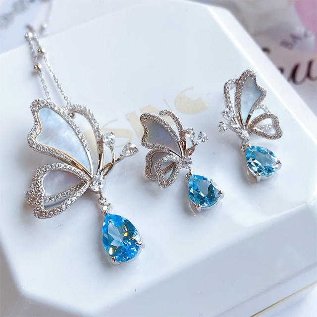 Delicate white mother shell blue drop cubic zircon butterfly necklace set