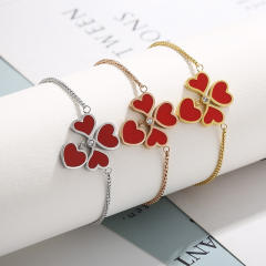 Delicate red enamel clover heart stainless steel slide bracelet