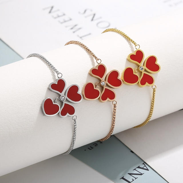 Delicate red enamel clover heart stainless steel slide bracelet