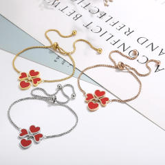Delicate red enamel clover heart stainless steel slide bracelet