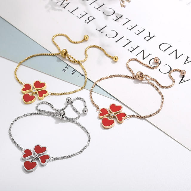 Delicate red enamel clover heart stainless steel slide bracelet