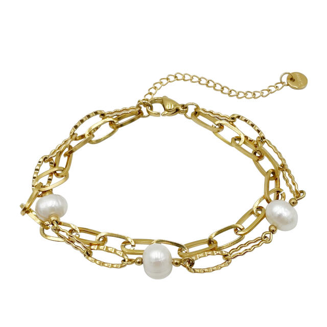 14K gold plated two layer water pearl stainless steel bracelet