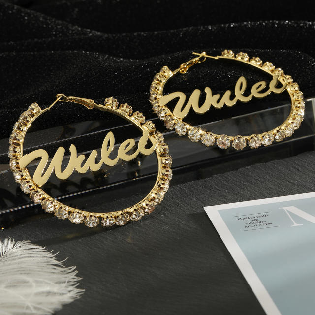 Delicate diamond hoop custom name stainless steel earrings