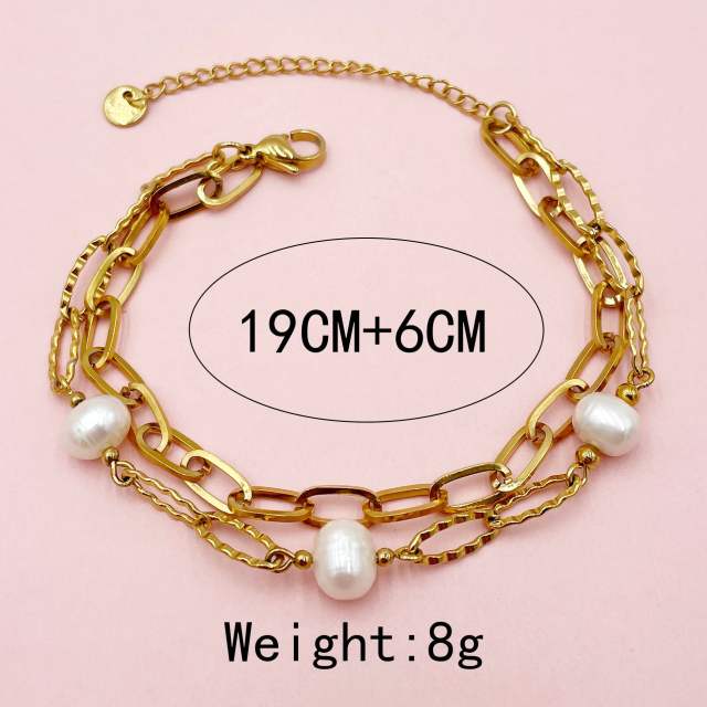 14K gold plated two layer water pearl stainless steel bracelet