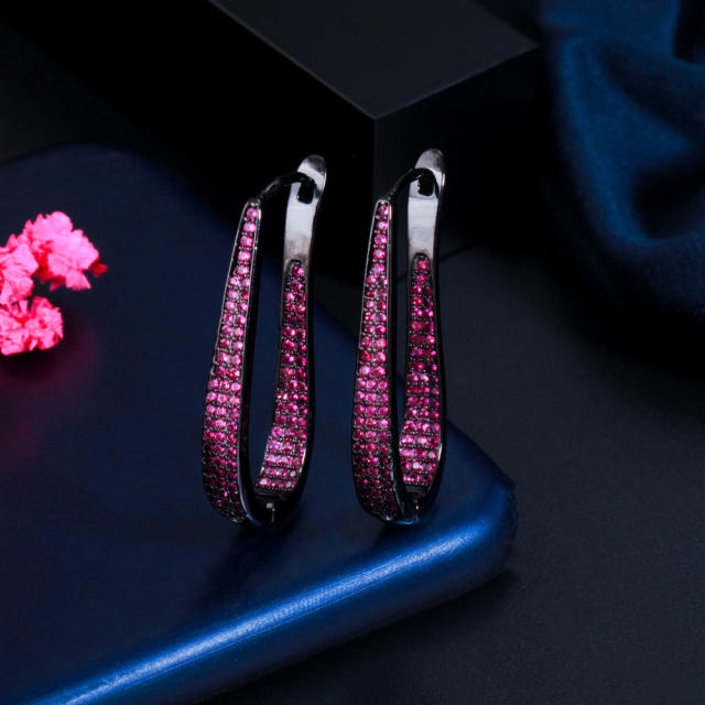 Luxury rose red cubic zircon pave setting U shape copper huggie earrings